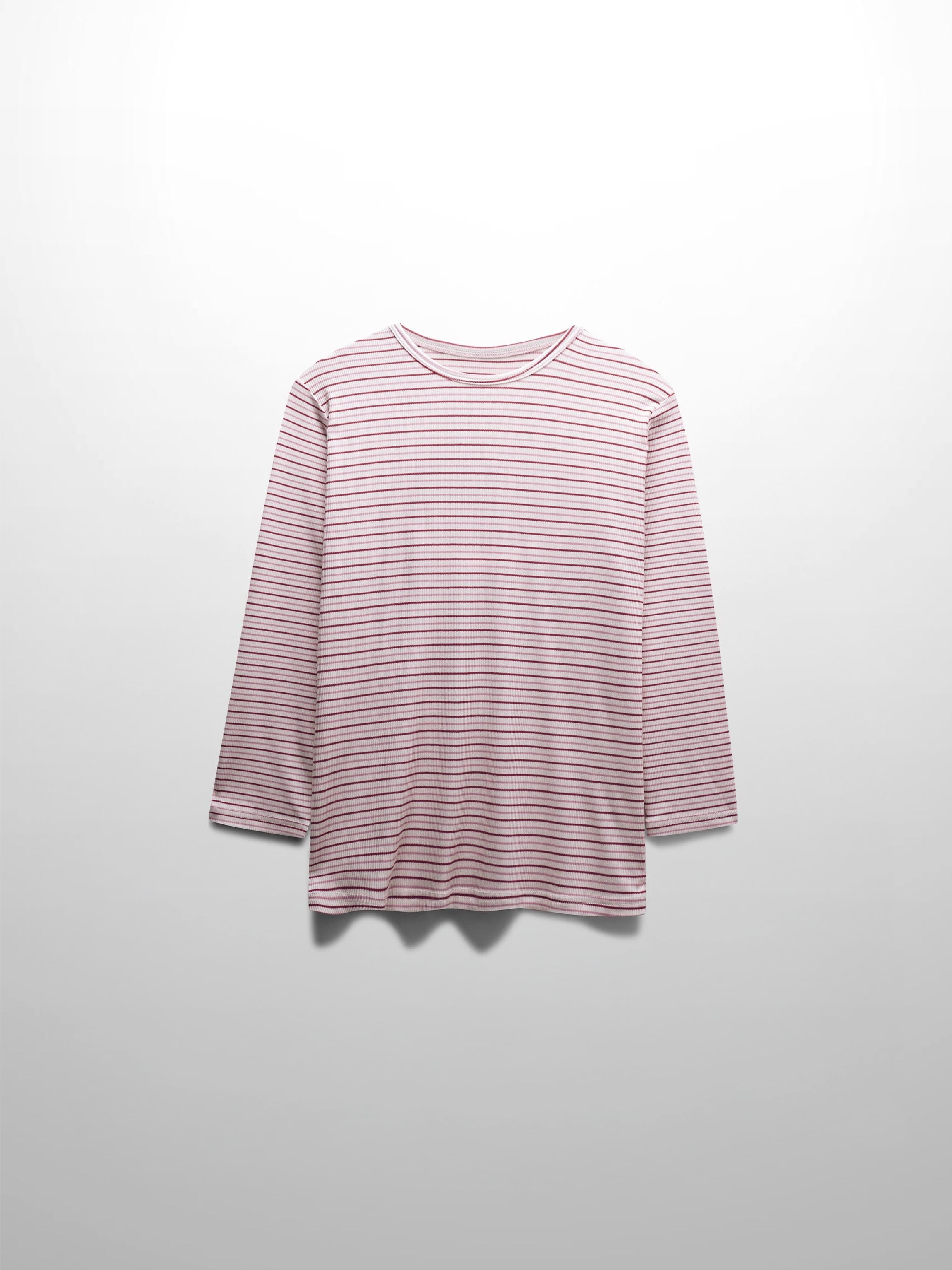 Ribbed Striped Crew 3/4 Sleeve-Pink/Raspberry