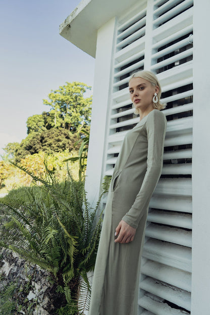 CREW NECK POCKET TEE DRESS 52"-OLIVE