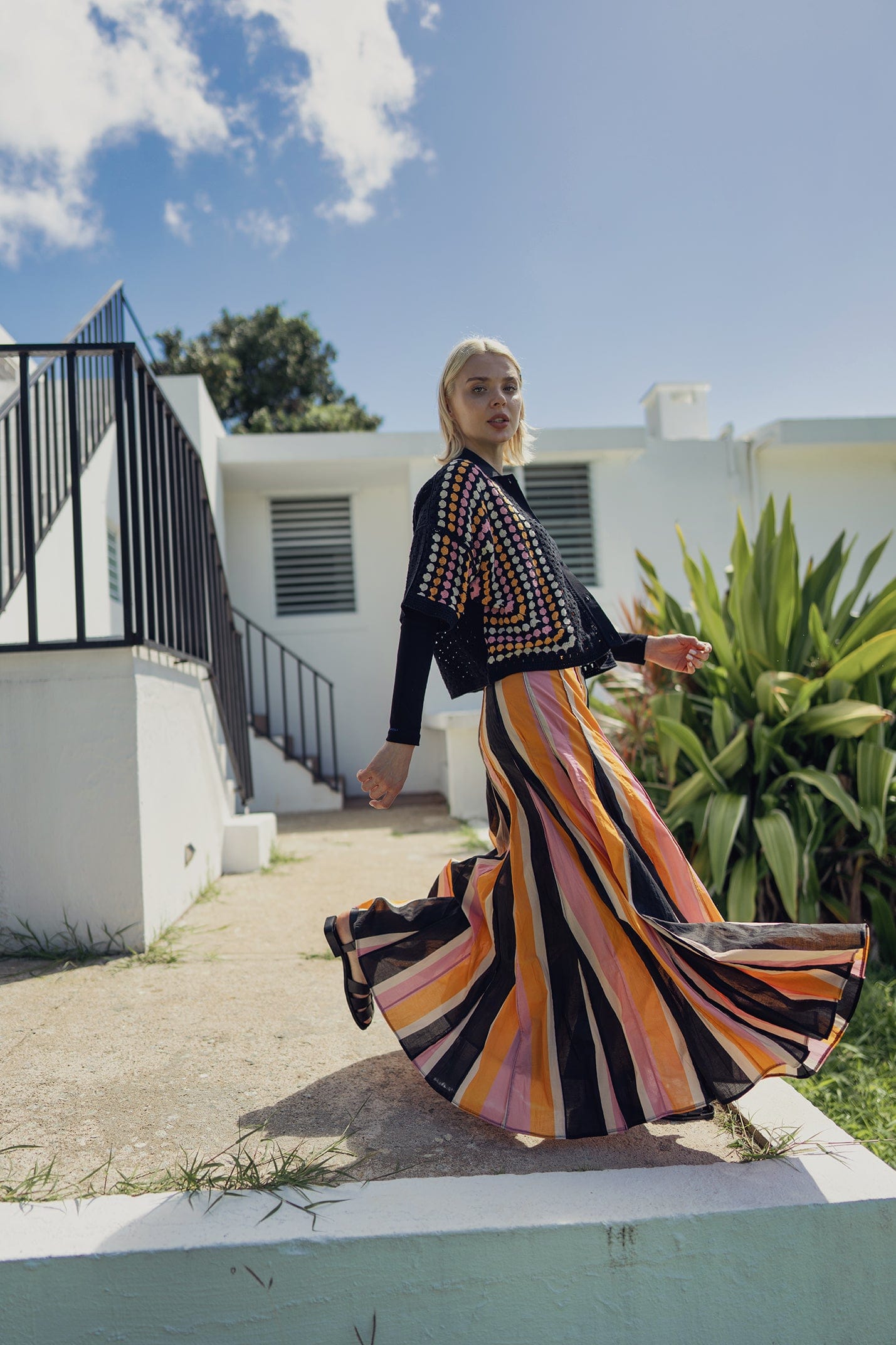 Multi Stripe Skirt-Black/Orange/Pink