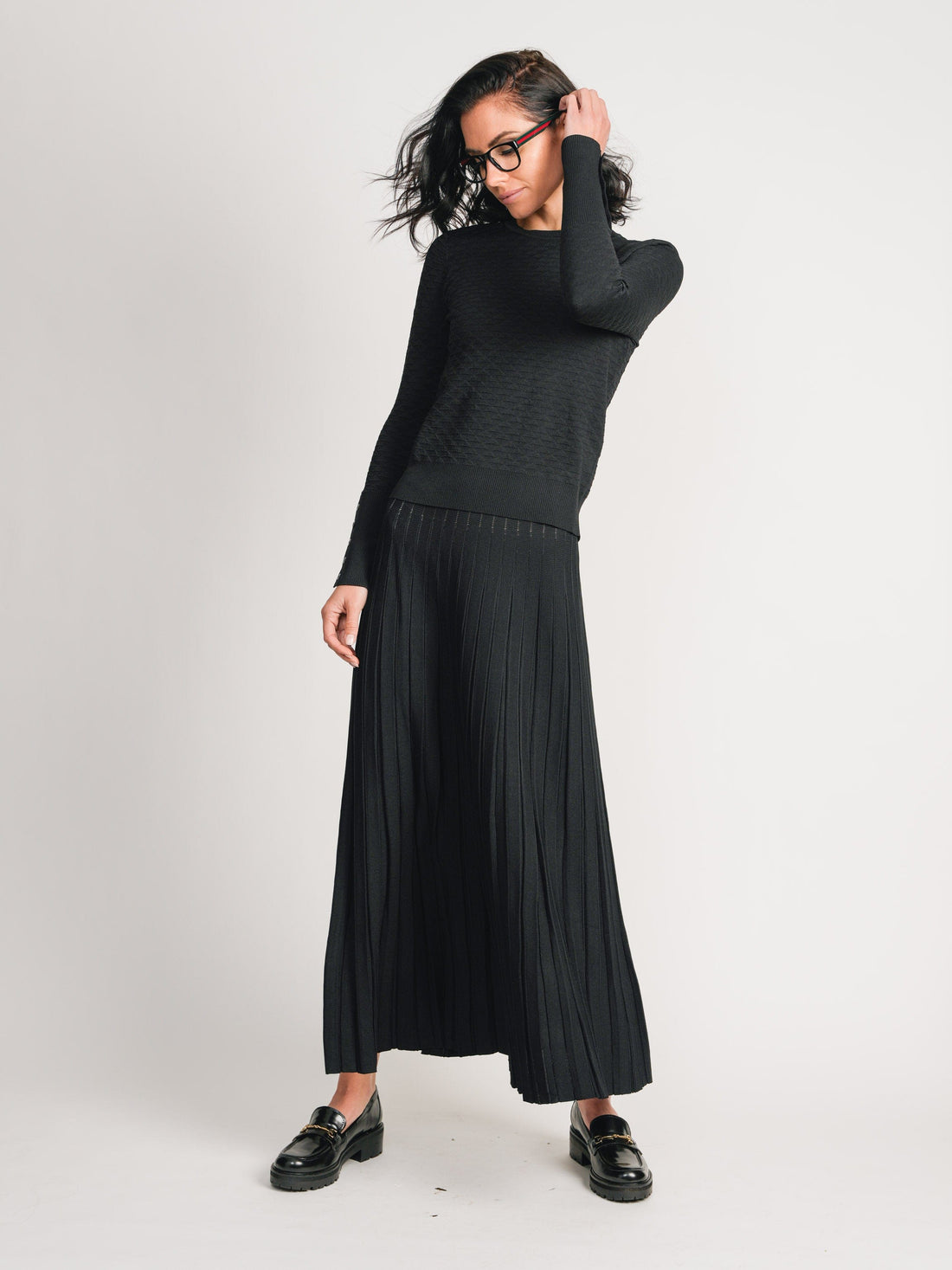 KNIT MAXI PLEAT SKIRT 35&quot;-BLACK