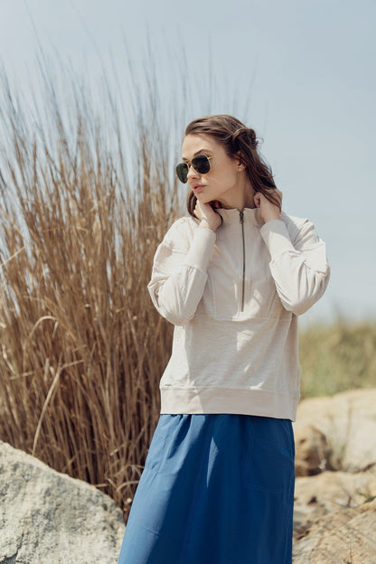 MIXED KNIT HALF ZIP-TAN