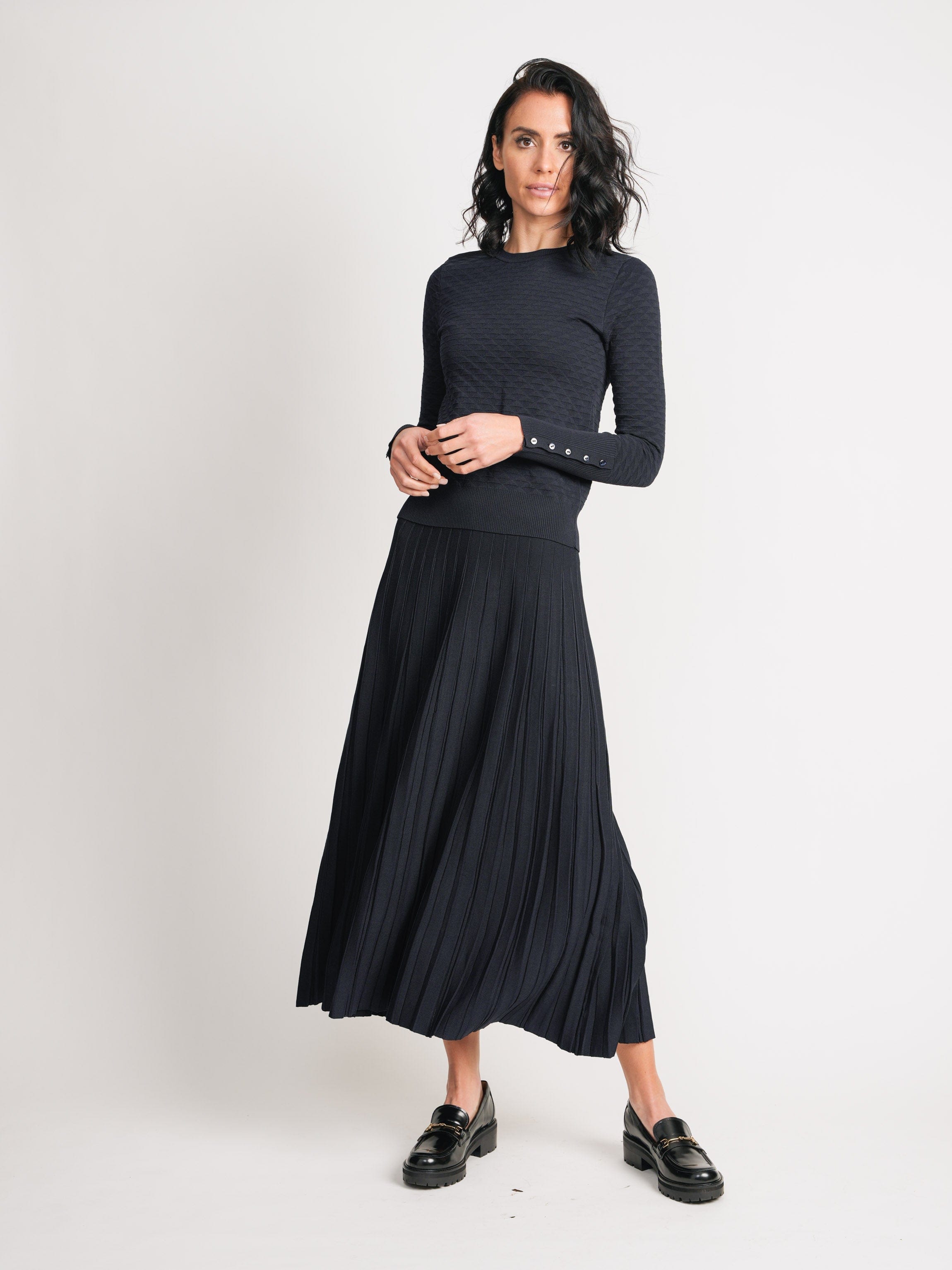 KNIT MAXI PLEAT SKIRT 35&quot;-BLACK