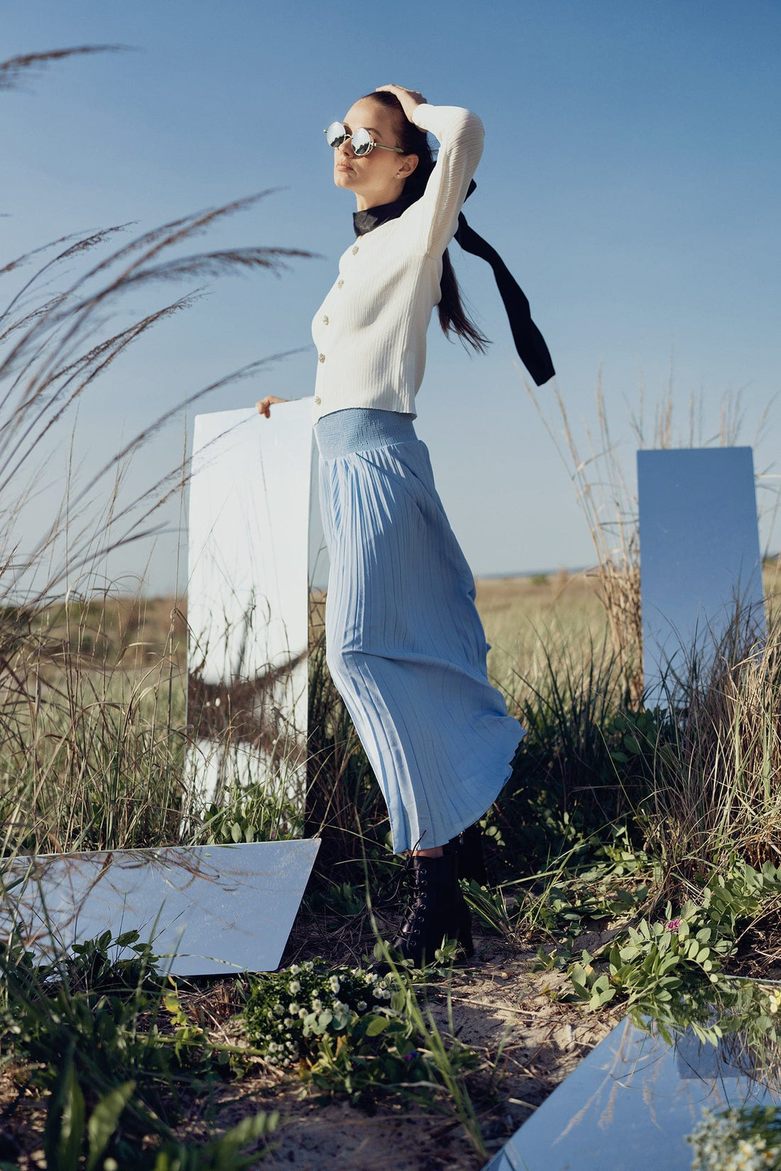 SHIRRED WAIST PLEATED SKIRT (LONG)-LIGHT BLUE