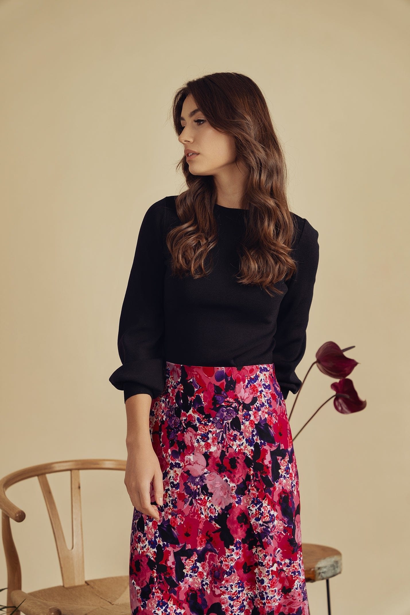 Printed Satin Slip Skirt-Pink/Purple Floral