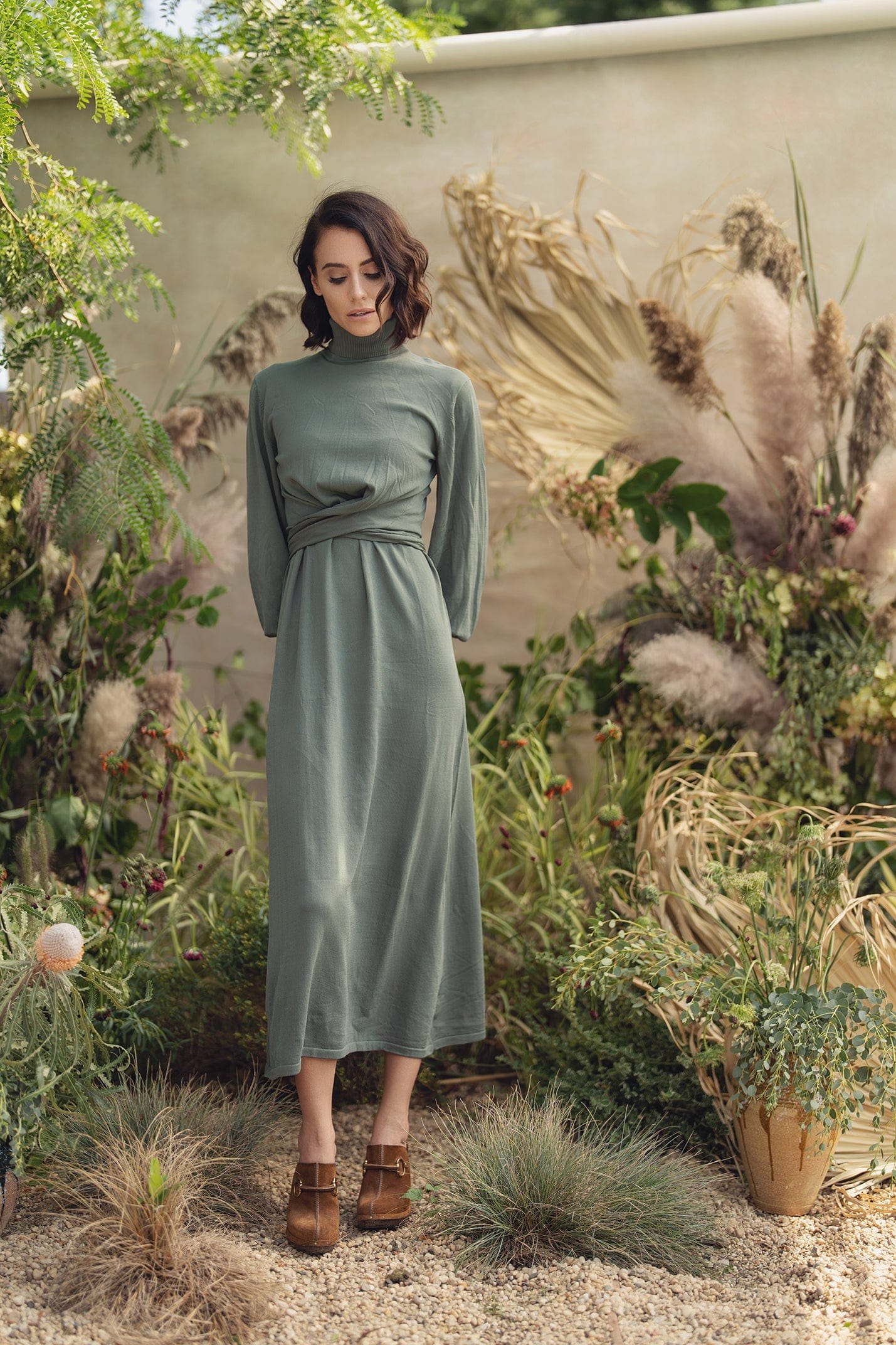 Sleeveless Turtleneck Dress-Sage