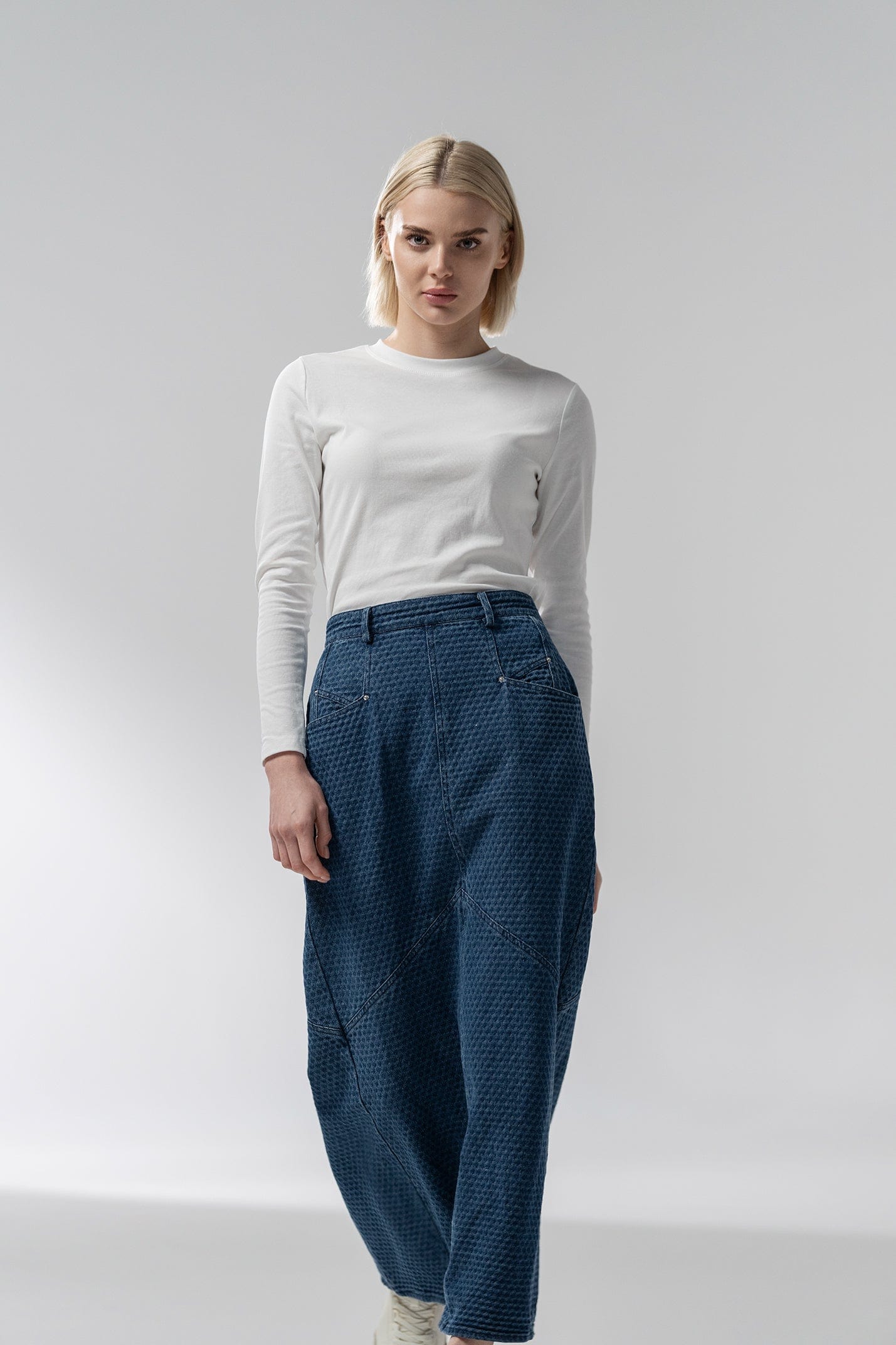 Back Pleat Denim Skirt-Textured Blue