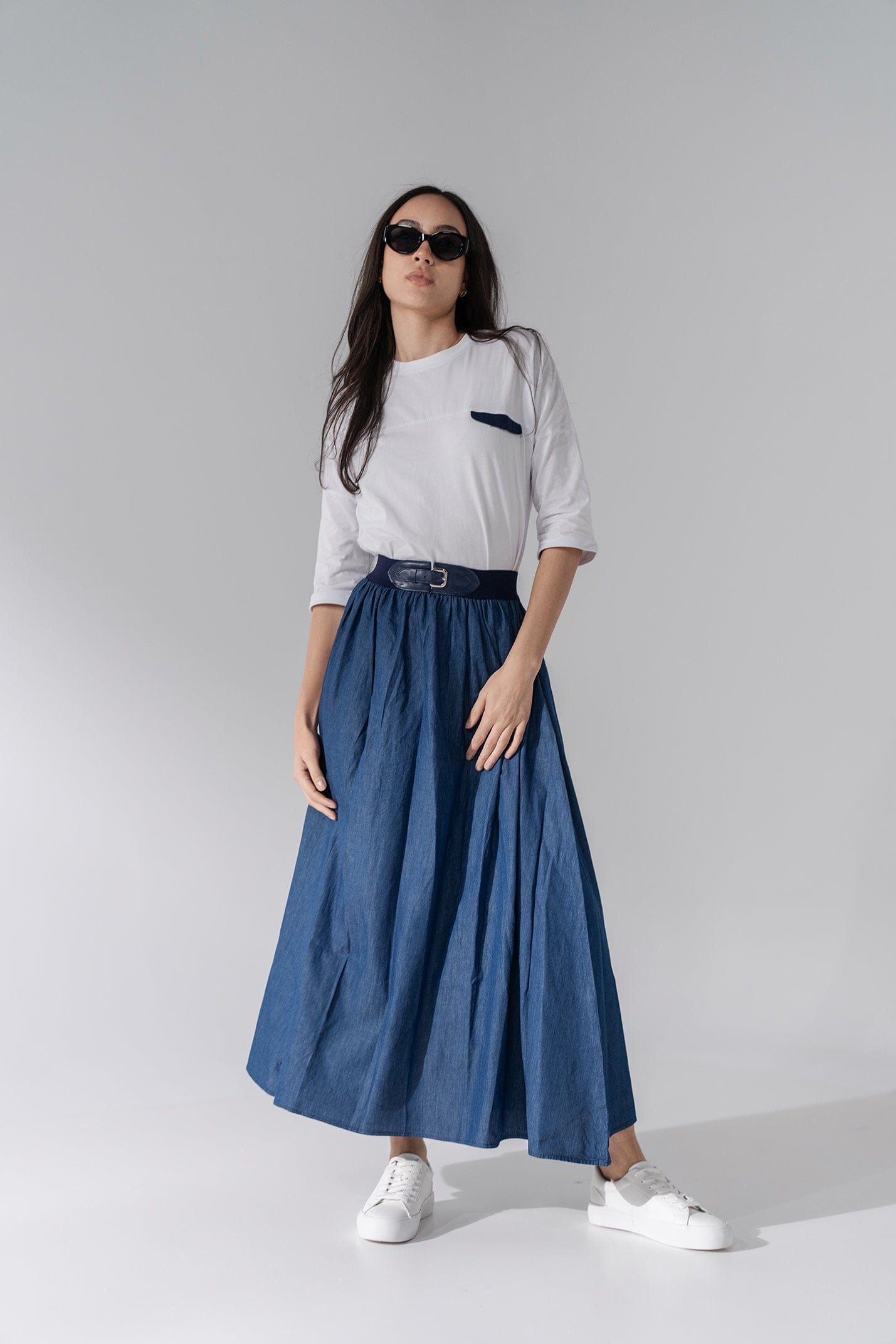 Leather Buckle Denim Skirt- Blue