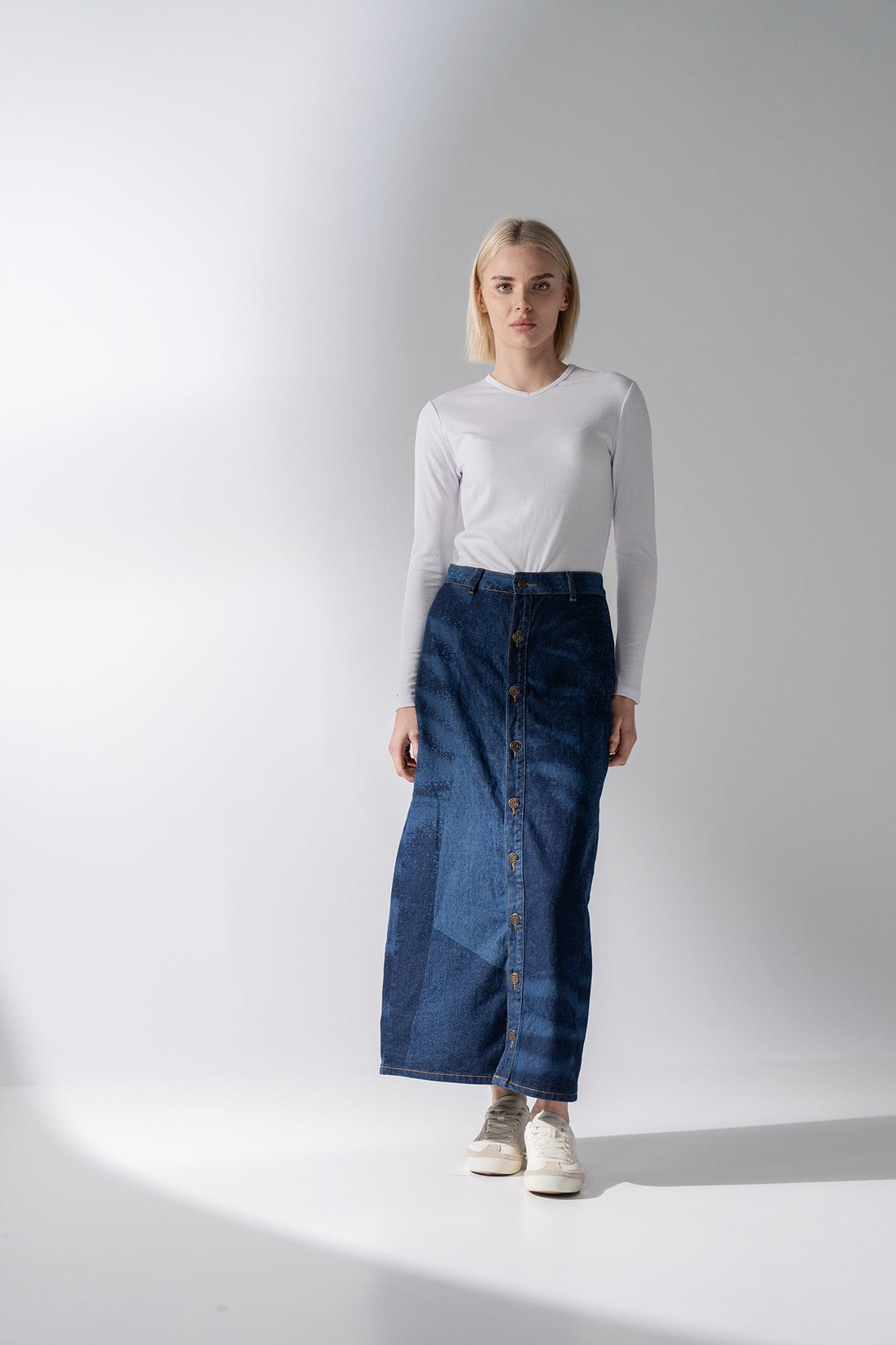 Denim Maxi Skirt Patchwork-Blue