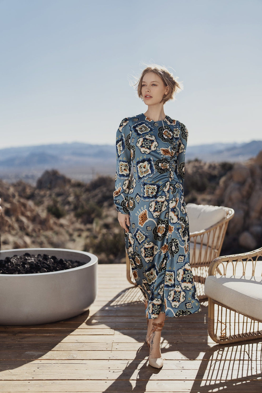 SIDE SHIRRED DRESS-BLUE FLORAL