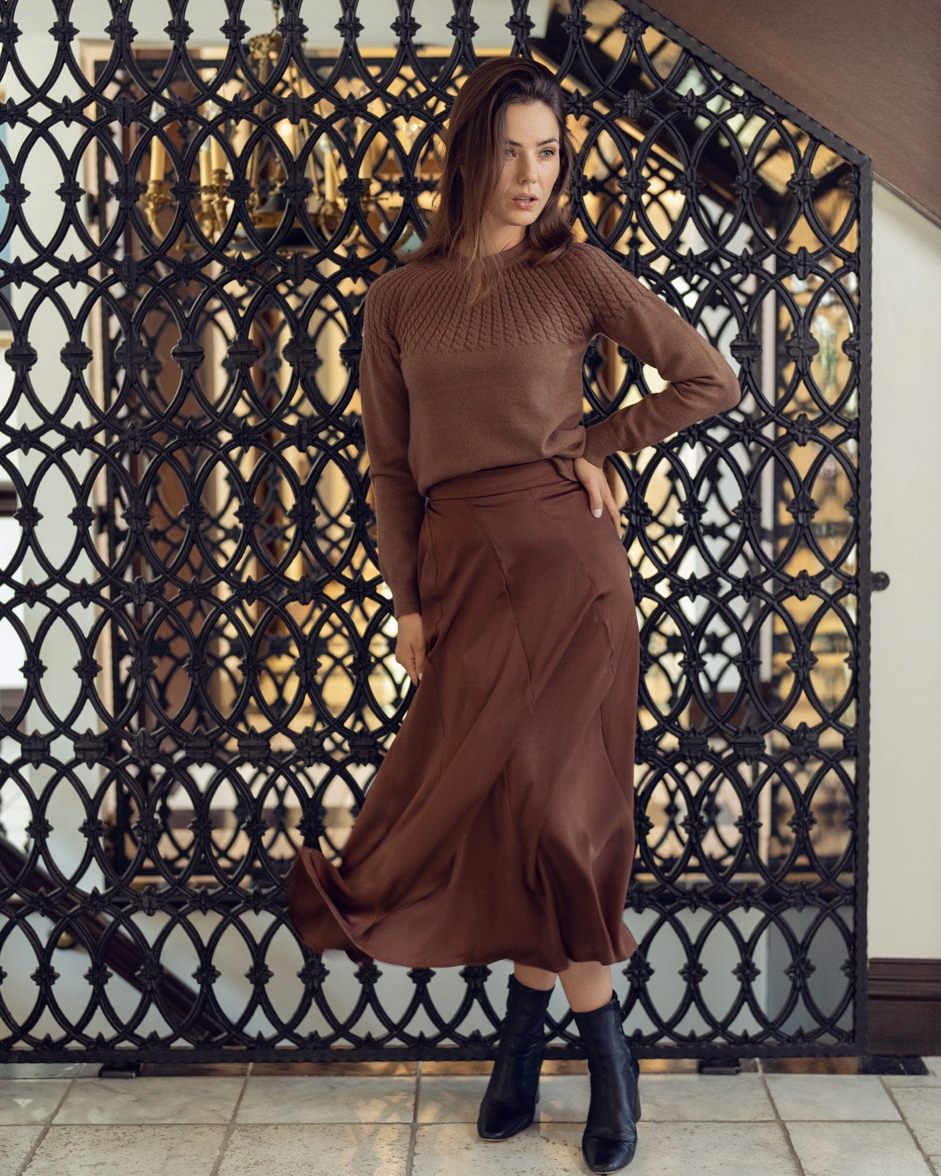 FULL SATIN SKIRT-BROWN