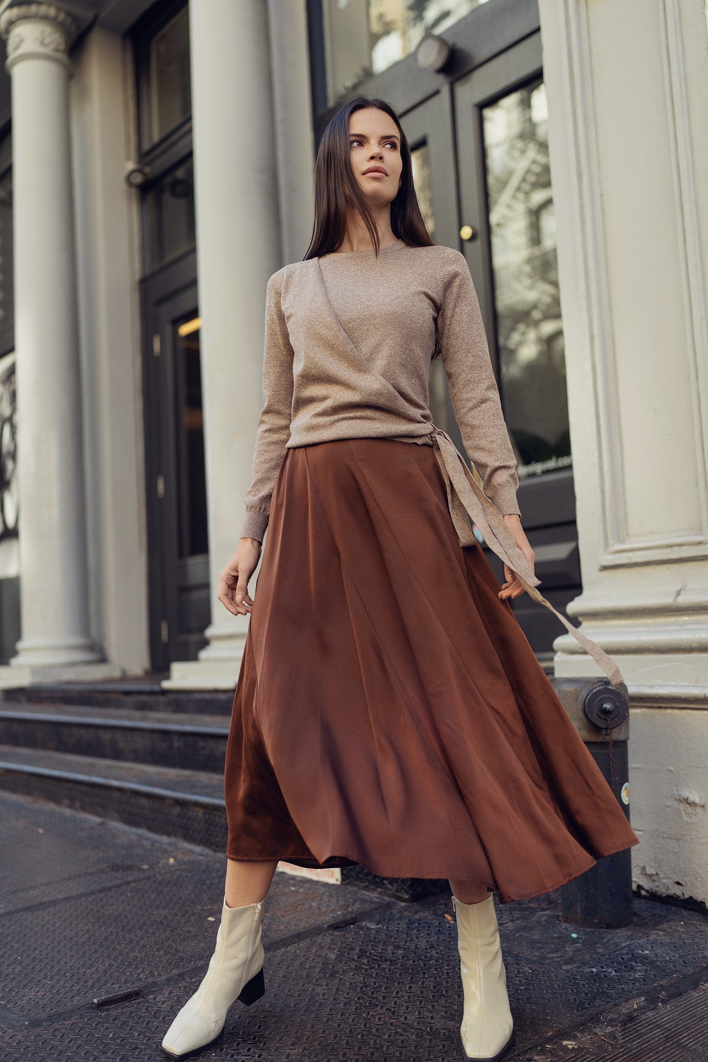 FULL SATIN SKIRT-BROWN