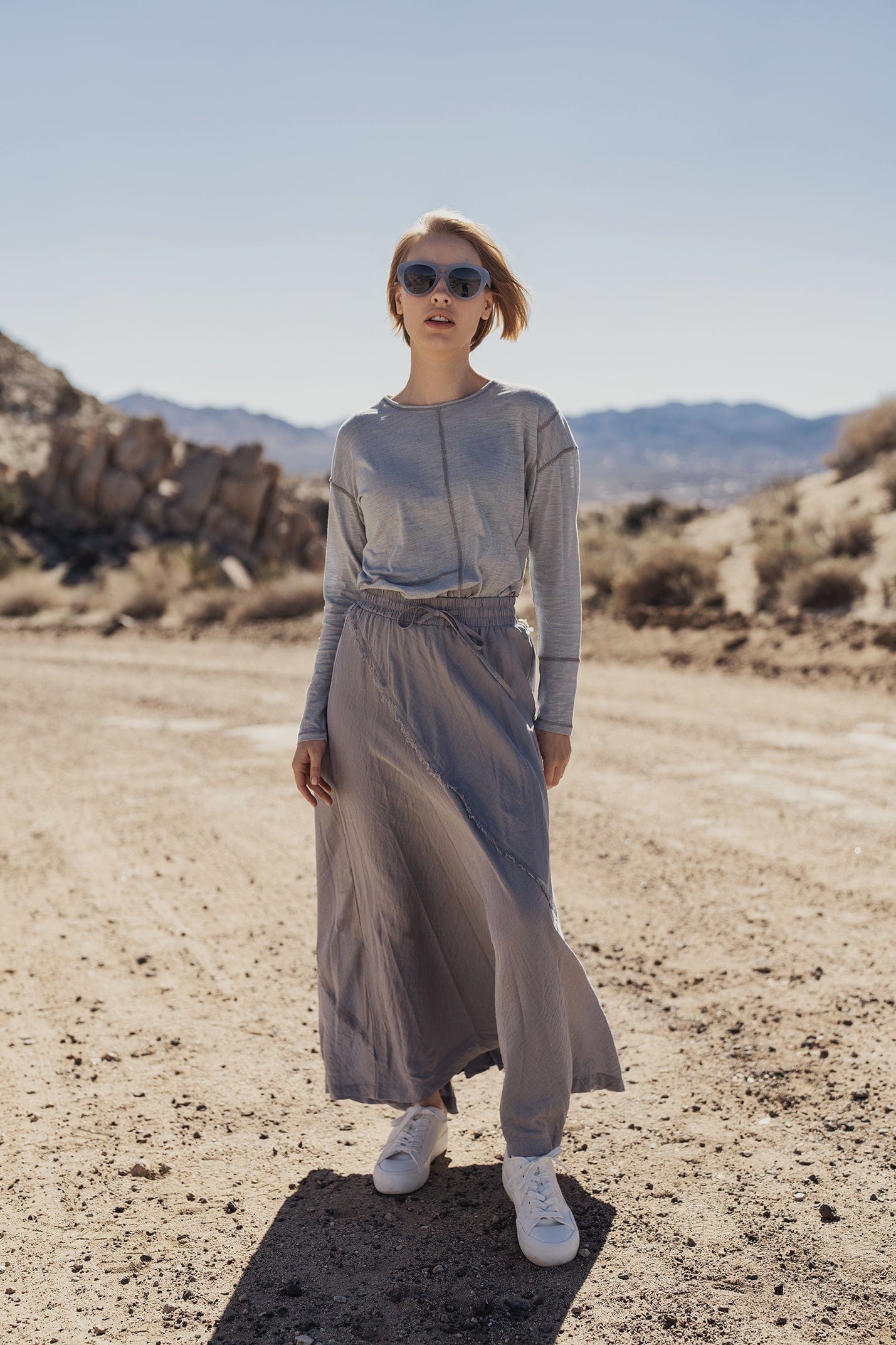 DRAWSTRING FRINGE SKIRT-BLUE/GREY