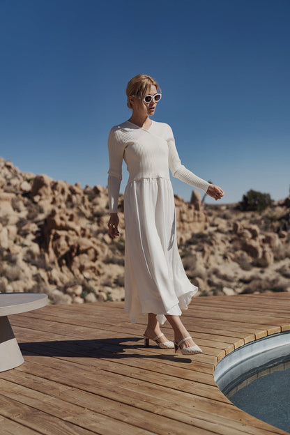 KNIT WRAP TOP DRESS-WHITE
