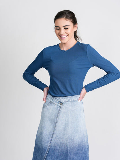 HIGH V RIBBED TEE - LS-INK BLUE
