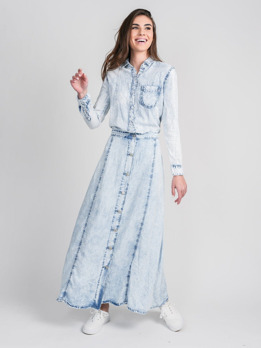 WASHED DENIM SKIRT-BLUE