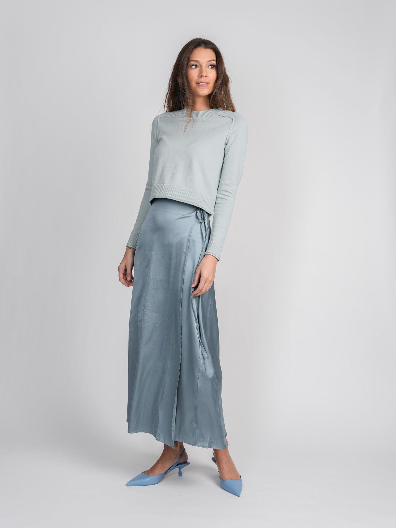 SATIN WRAP SKIRT-LIGHT BLUE