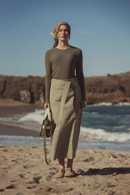 Stitched Tiered Belted Denim Skirt-Sage Green