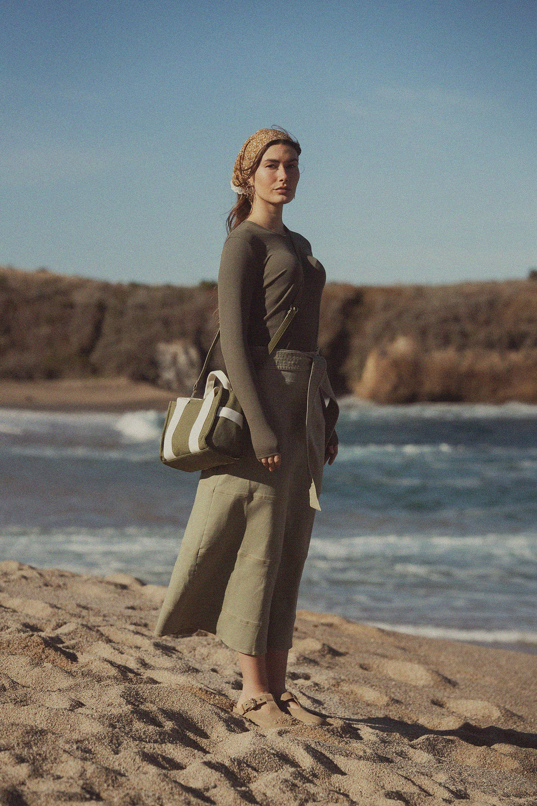 Stitched Tiered Belted Denim Skirt-Sage Green