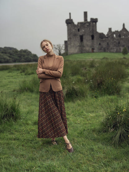 Covered Band Pleated Skirt-Brown/Orange Plaid