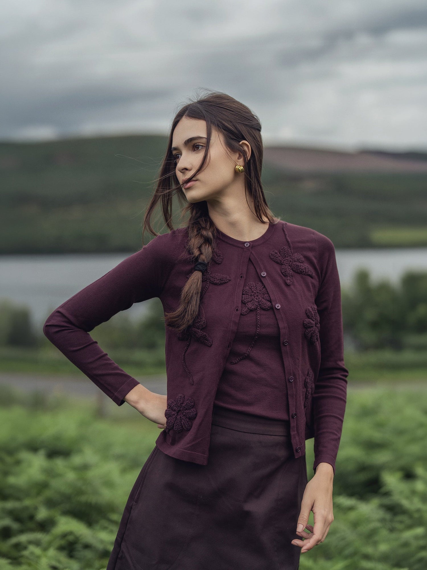Crochet Puff Flower Sweater Set-Plum