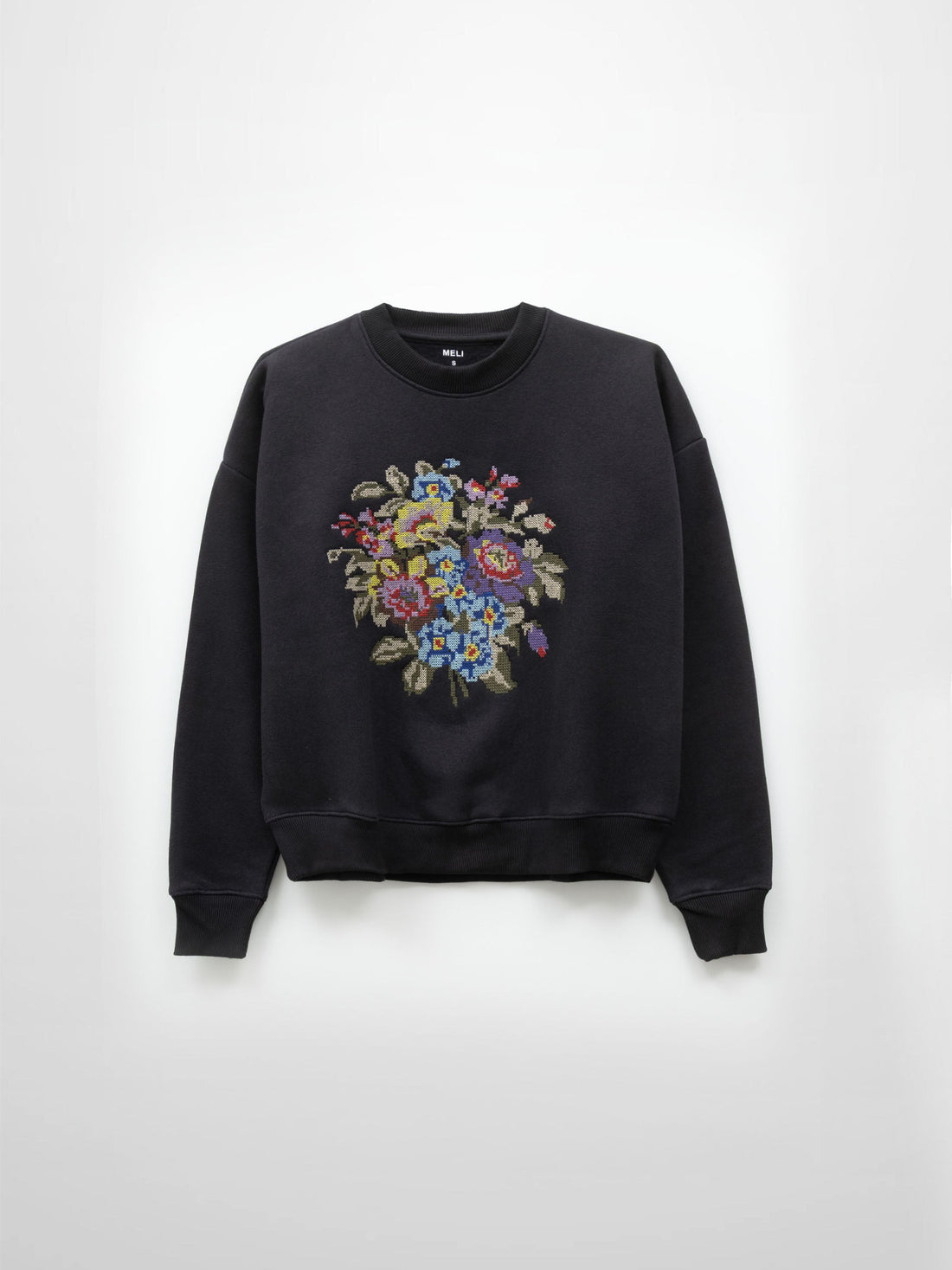 Cross Stitch Floral Sweatshirt-Black