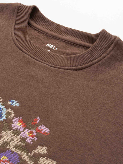 Cross Stitch Floral Sweatshirt-Brown