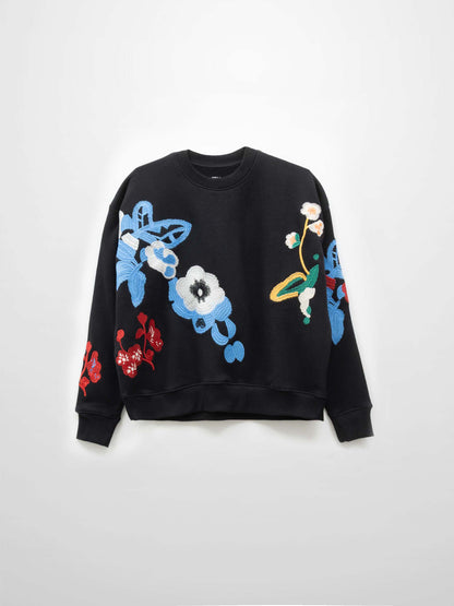 Embroidered Flower Sweatshirt-Black