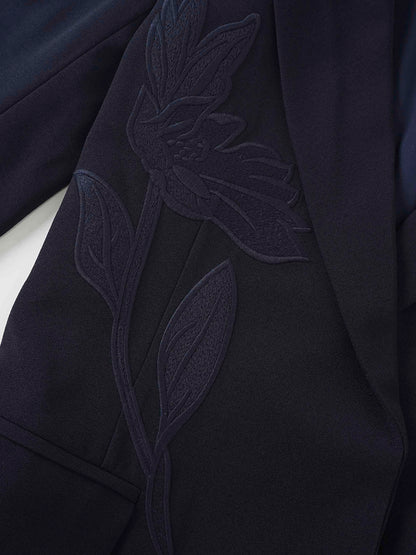 Embroidered Belted Blazer-Navy