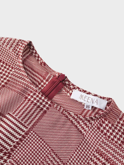 Houndstooth Blouson Sleeve Blouse-Burgundy