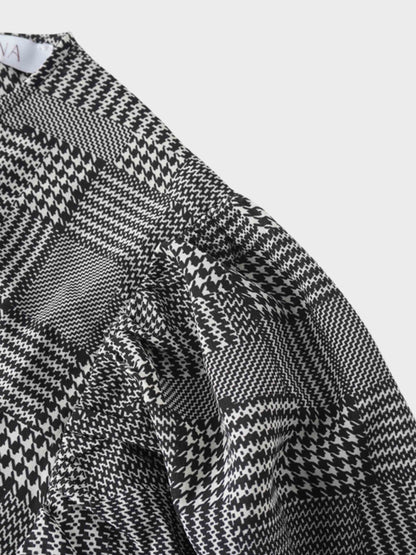 Houndstooth Blouson Sleeve Blouse-Black