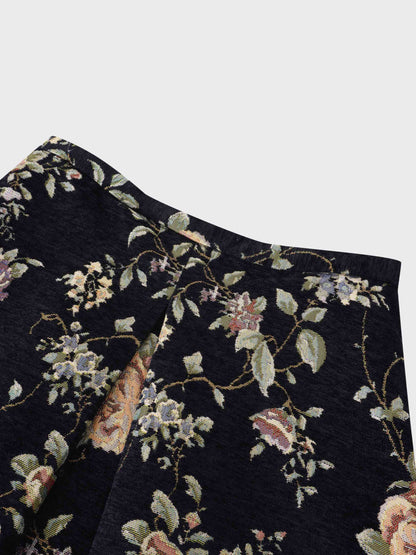 Brocade Midi Skirt-Black Floral