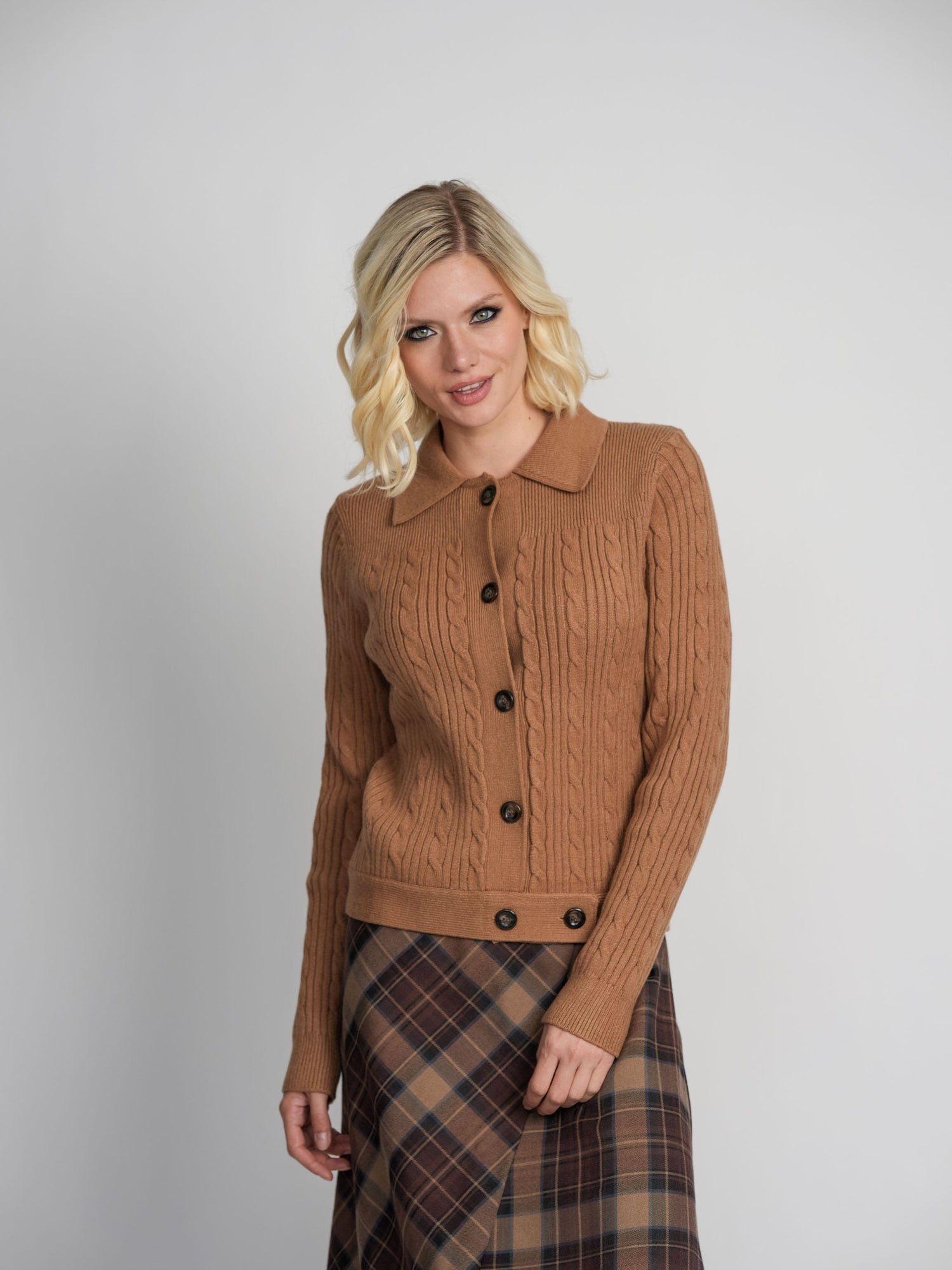 CABLE BANDED SWEATER-BROWN