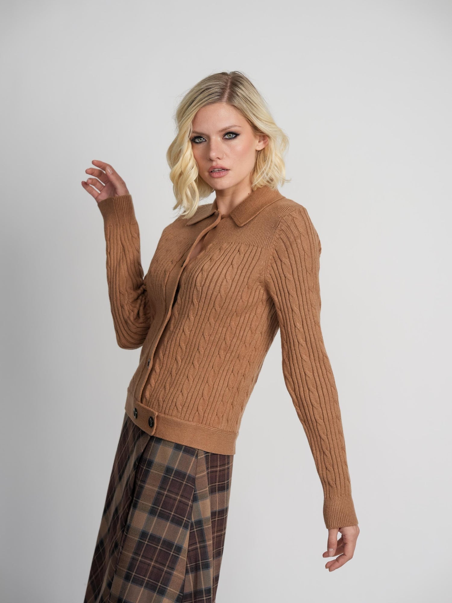 CABLE BANDED SWEATER-BROWN