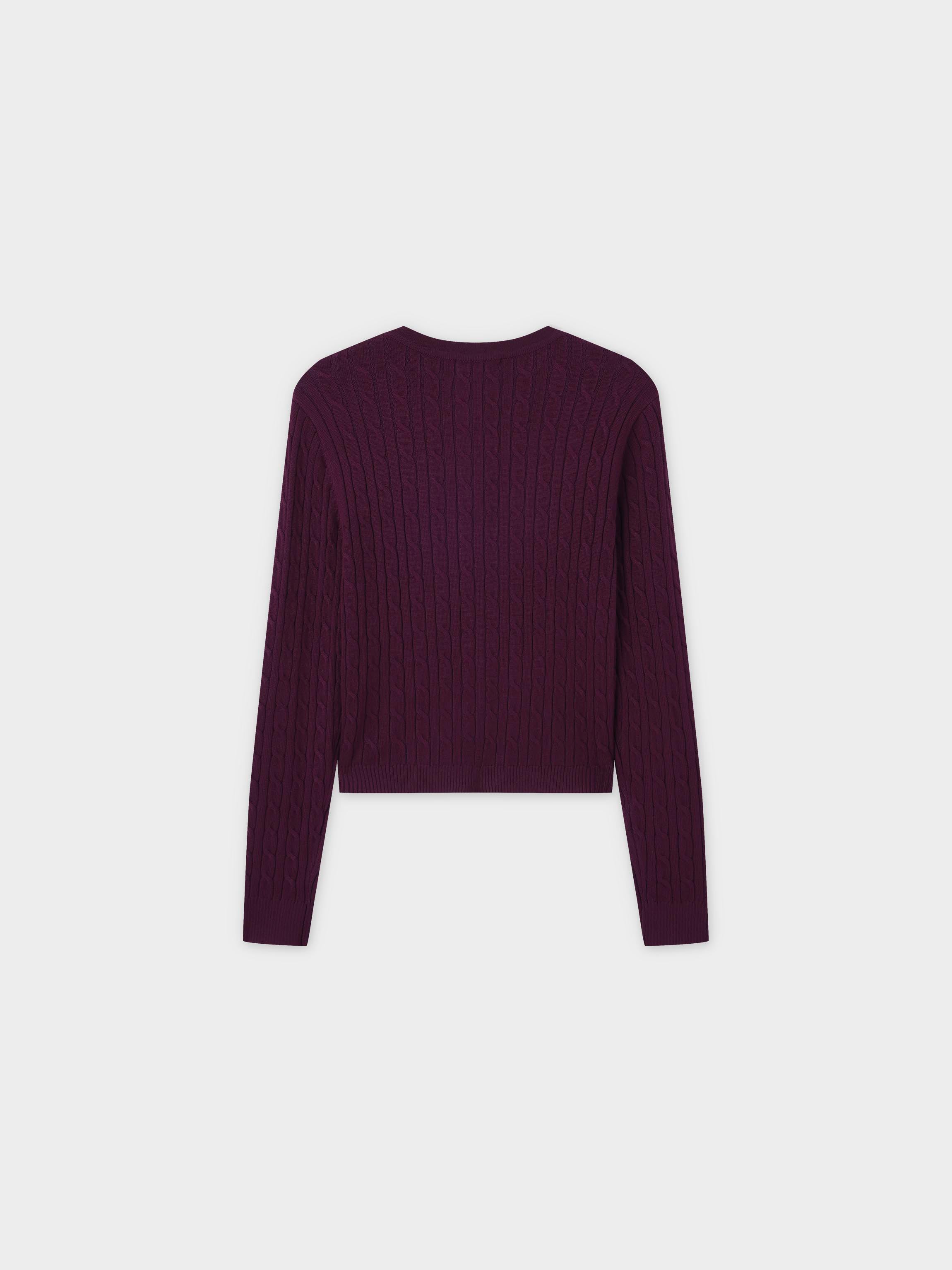Cable Knit Crew Cardigan-Burgundy