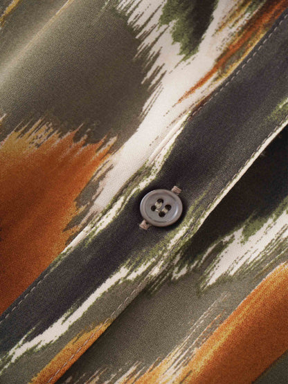 Puff Sleeve Elastic Waist Shirtdress - Olive Ikat