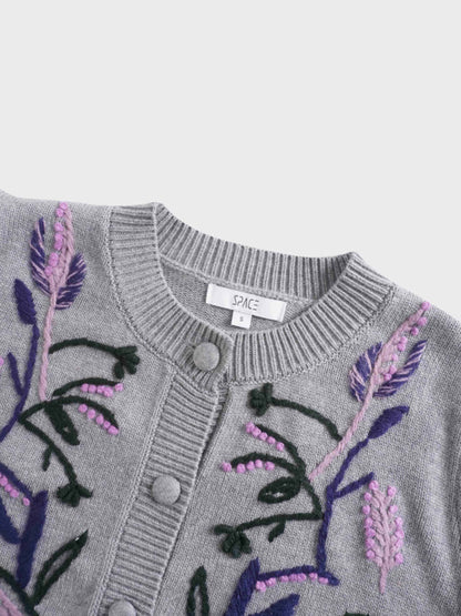 Embroidered Cropped Cardigan-Grey/Lavender