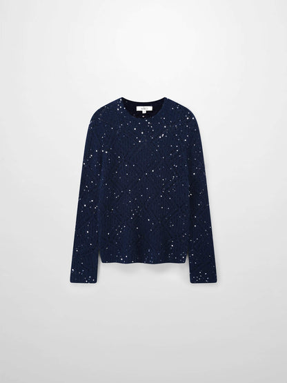 Open Crochet Knit Sequin Sweater-Navy