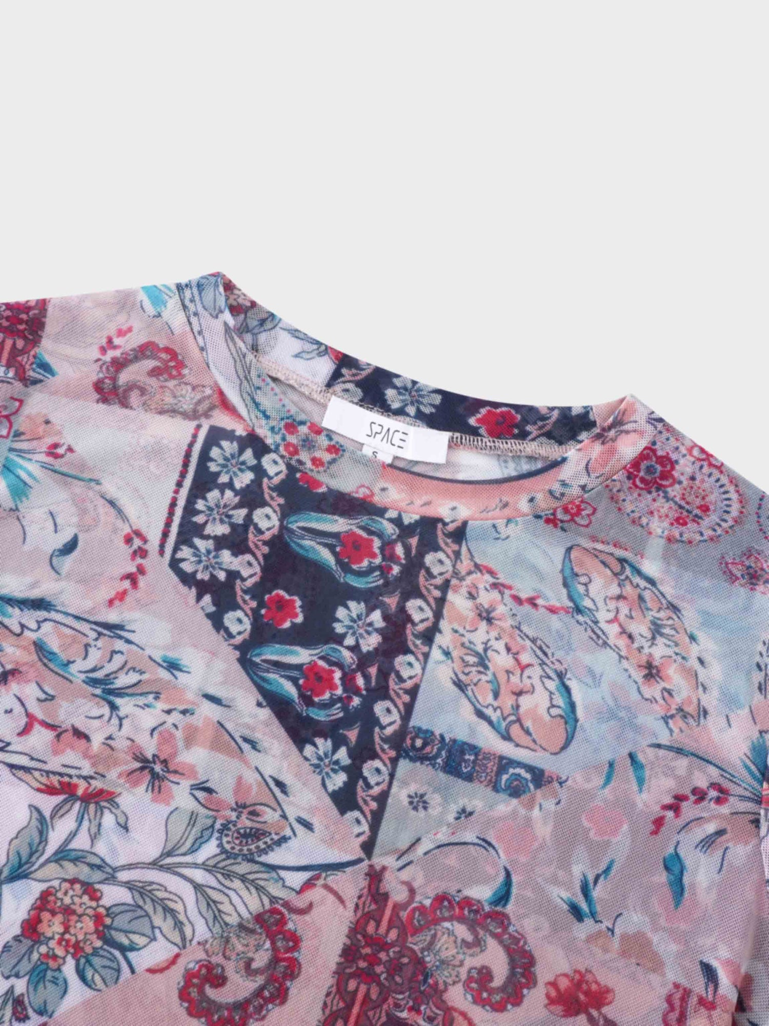 Printed Mesh Crew Neck Top-Vintage Floral