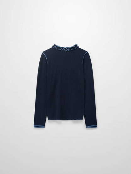 Ruffle Detail Sweater-Navy/Light Blue