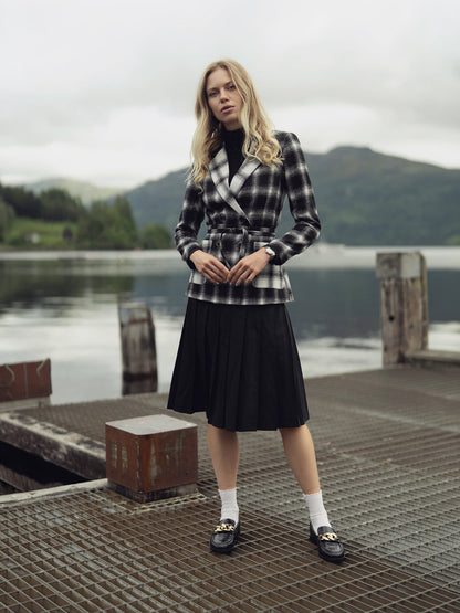 Double Breasted Belted Blazer-Black/White Plaid