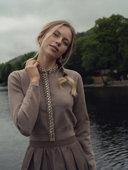 Embellished Cardigan Sweater-Mocha Mousse