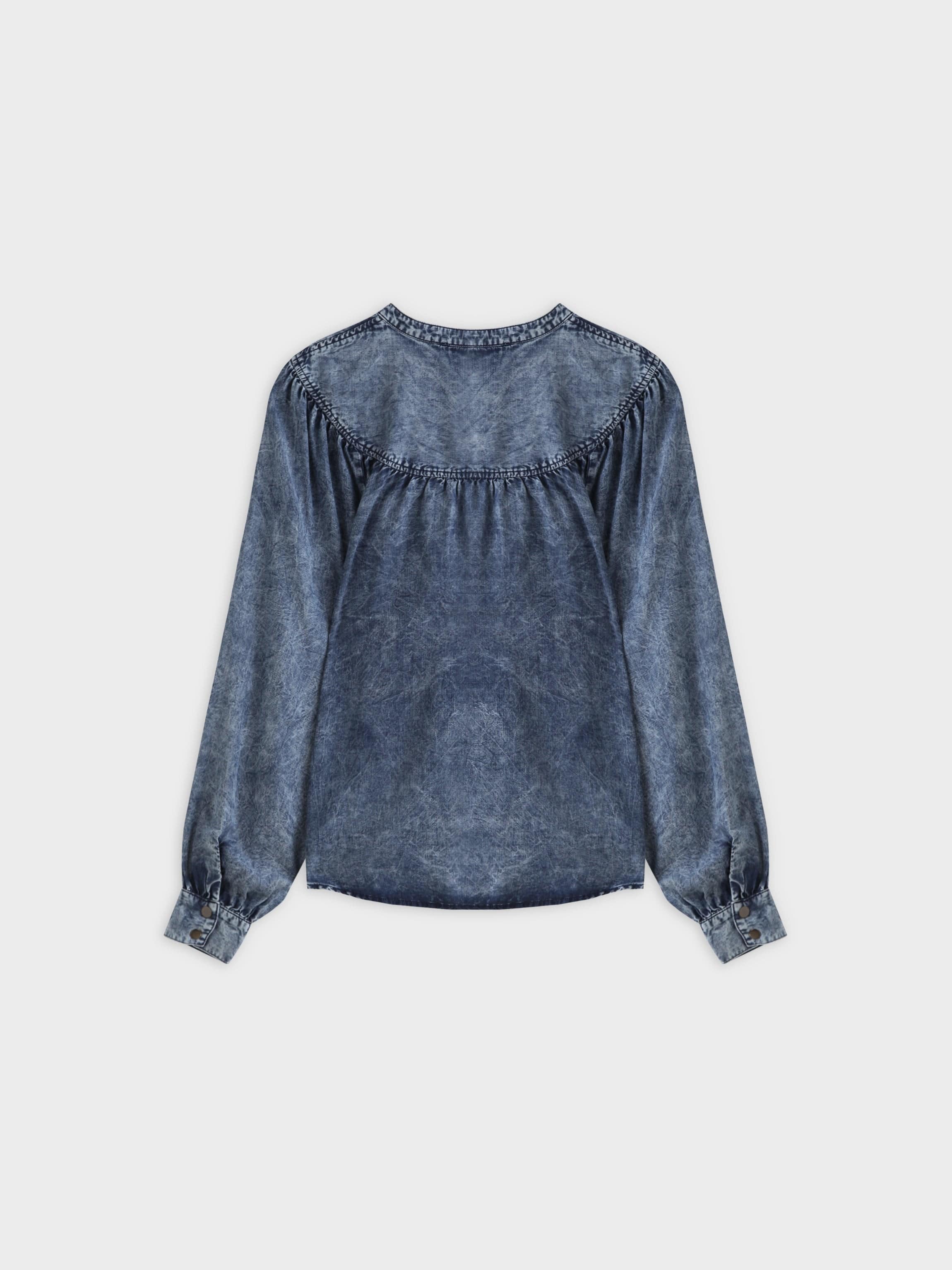 Gathered Top Blouse-Washed Blue Denim