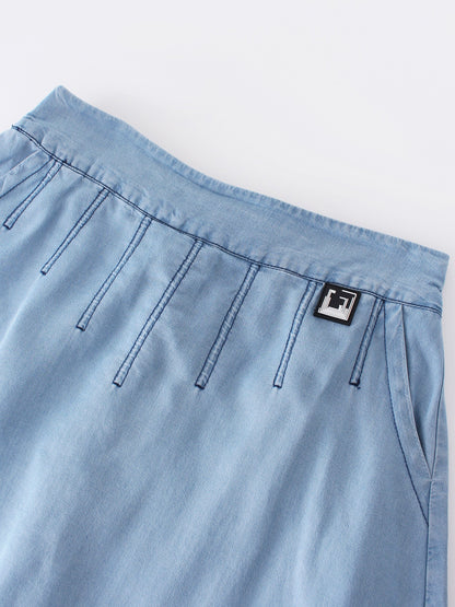 PIPED DENIM SKIRT-LIGHT BLUE
