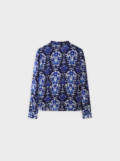 Tie Front Blouse-Blue Ikat