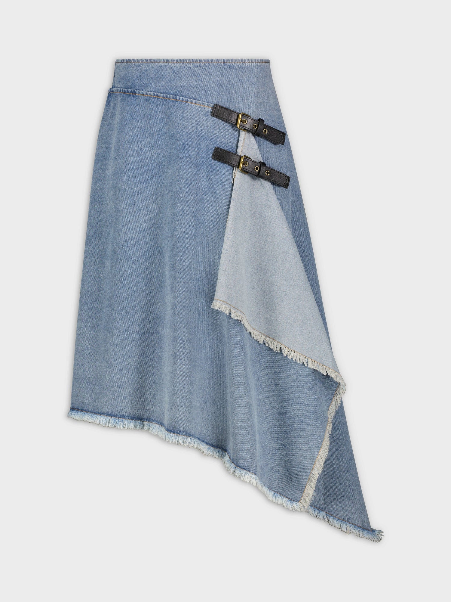 BUCKLE MOCK WRAP SKIRT-BLUE DENIM