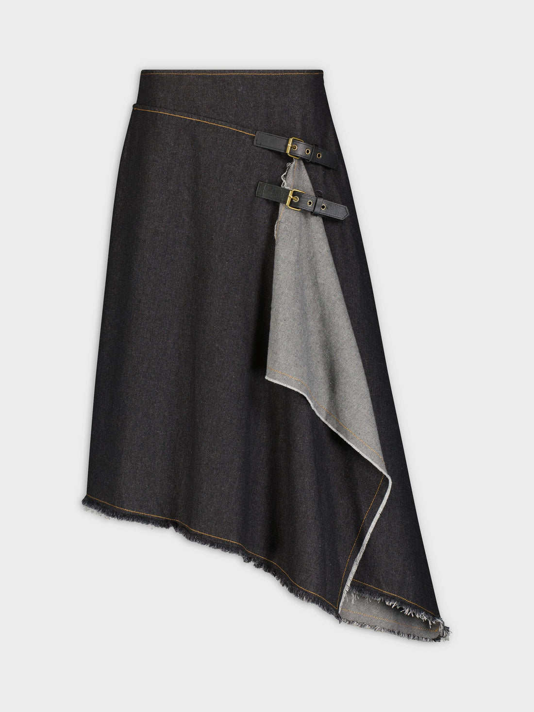 BUCKLE MOCK WRAP SKIRT-BLACK DENIM