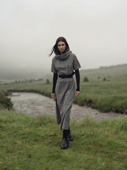 Front Pleat Square Neck Dress-Black/White Plaid