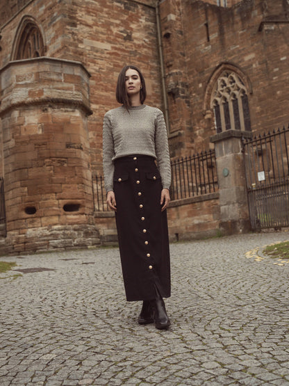 Gold Button Straight Pocket Skirt-Black