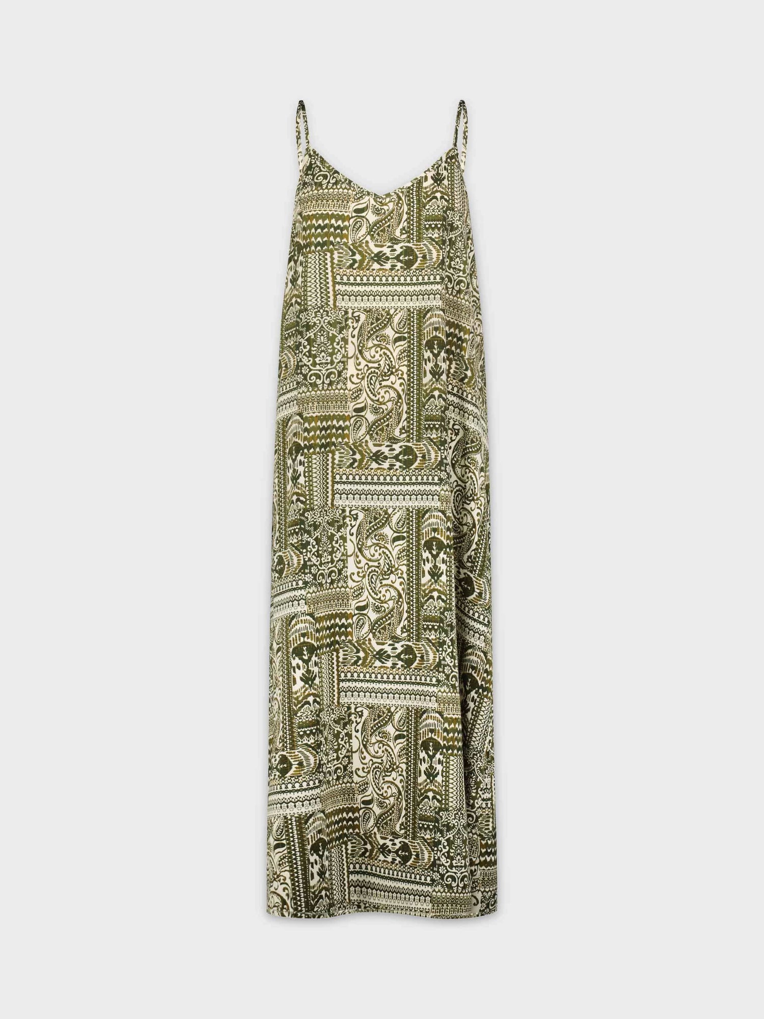 V NECK SLIP DRESS-OLIVE AZTEC