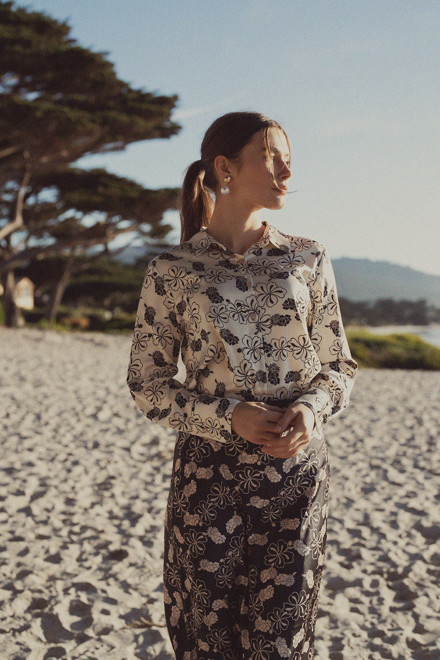 Oversized Faux Satin Blouse-Navy/Taupe Floral